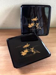 未使用 茶道具 木製黒真塗 沈金蒔絵 重ね盆 四方膳 盆 - メルカリ