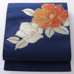 お買い得品！八寸名古屋帯 Sランク 帯丈363cm 正絹 ポイント柄 名古屋仕立て 織り インフォーマル 椿 紺系 RP 1245-03945
