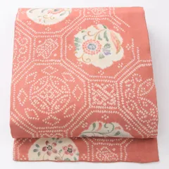お買い得品！アンティーク 九寸名古屋帯 Bランク 帯丈31cm 正絹 全通 名古屋仕立て 染め 蜀江 花柄 淡いピンク系 M4 1245-04047
