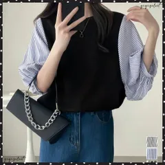 異素材切替ストライプ袖トップス体型カバー レディース大人カジュアル 韓国風チェック柄袖ドッキングブラウス ボリュームスリーブ ゆったり五分袖カットソーレイヤード風 ドルマントップス夏 細見えシャツ通勤服 オフィスカジュアル 送料無料のサムネイル
