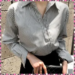 ストライプ シャツブラウス 薄手 韓国風 レディース 長袖 縦ライン柄トップス シャツ 大人女子 襟付き通勤服 オフィスカジュアル 斜めボタン 体型カバー 着やせ お洒落 開襟シャツ 春夏秋ブラウス軽い OLVネックシャツのサムネイル