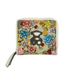 TOUS(トウス) 2つ折り財布 - ライトグリーン×白×マルチ フラワー(花)/クマ/ラウンドファスナー レザーのサムネイル