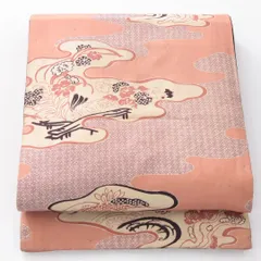 お買い得品！アンティーク 九寸名古屋帯 Aランク 帯丈378cm 正絹 全通 開き仕立て 染め 道長取り 吉祥文様 淡いピンク系 M4 1245-04175