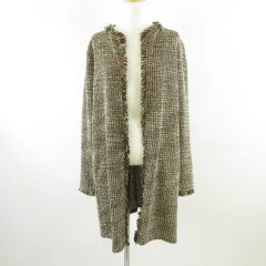 ザラ ベーシック ZARA BASIC カーディガン ロング 長袖 ツイード フリンジ 黒 白 緑 S *T494のサムネイル