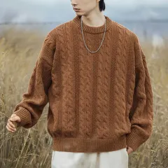 メンズラウンドネック ケーブル編み 厚手 セーター 3COLOR