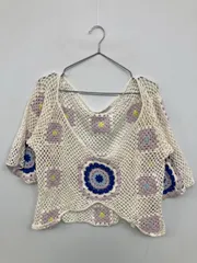 ZARA ザラ ニット/セーター M アイボリー コットン ニット 花柄・ボタニカル柄 その他総柄 ショート丈 ミドル丈 半端袖 半袖 Uネック レディース