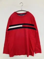 TOMMY HILFIGER トミーヒルフィガー Tシャツ/カットソー L レッド ブランドロゴ ライン柄 ミドル丈 長袖 クルーネック(丸首) メンズ