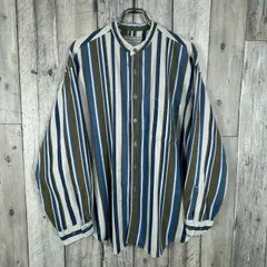 OLD ARIZONA JEANS COMPANY 90s アリゾナ ジーンズ カンパニー ノーカラー 長袖 ストライプ コットン シャツ メンズ L サイズのサムネイル