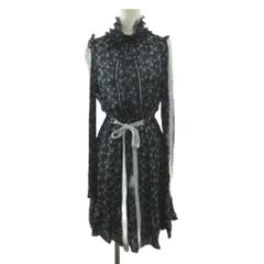 トリコシック TRICOT CHIC ワンピース ミモレ丈 絹 シルク 42 紺 ネイビー 小花柄 フリルハイネック 長袖 /YU ■ECA004