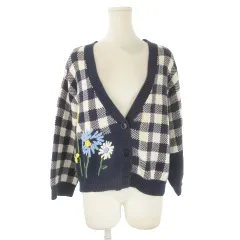 マックス&コー MAX&CO. カーディガン XS 紺 ネイビー チェック柄 長袖 花柄刺繍 /CK51 ■ECE003のサムネイル