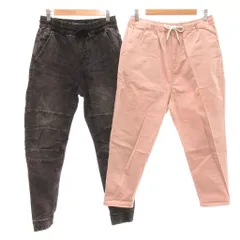 ベルシュカ Bershka 2点セット デニム パンツ S 30 ピンク 黒 ブラック ゴムウエスト ドローストリング フルレングス ジョガータイプ 膝切り替えデザイン /NUのサムネイル