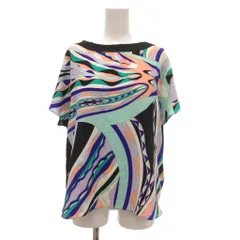 エミリオプッチ EMILIO PUCCI イタリア製 カットソー 絹 シルク M プッチ柄 ボートネック ショートスリーブ 黒 ブラック 黄緑 ライトグリーン /NUのサムネイル