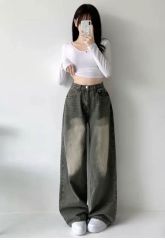 ビアズリー デニム風リネンスリムタックパンツ インディゴブルー