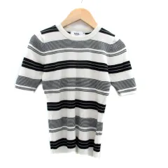 アズールバイマウジー AZUL by moussy サマーニット カットソー ラウンドネック 半袖 ボーダー柄 オフホワイト 黒 ブラック /HO10