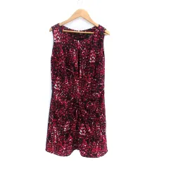 タクーン THAKOON ワンピース ラウンドネック ノースリーブ ひざ丈 総柄 2 M 赤 レッド 黒 ブラック /HO9のサムネイル