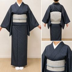 5/31まで！夏着物 洗える着物 麻の葉柄 紺系 美品 お出かけやお稽古に