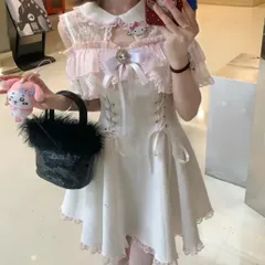 量産型 ワンピース ロリータ 姫系 オフショルダー レース リボン フリル 甘ロリ 地雷系 パフスリーブ 半袖 ピンク ホワイト フレンチガーリー ドール風 韓国ファッション 可愛い ゴスロリ コスプレ ワンピ ミニ丈 レディース