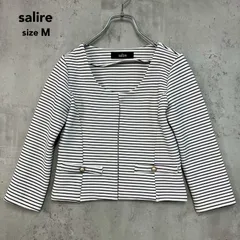 salire サリア M ホワイト ブラック ノーカラージャケット ボーダー柄 総柄 ショート丈 八分袖 金ボタン フェイクポケット リブ ストレッチ アウター 羽織り 上着 オフィスカジュアル 上品 キレイめ ★ ■◇のサムネイル