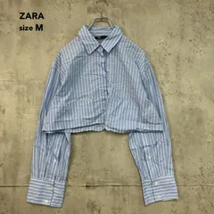 ZARA ザラ Ｍ ブルー ホワイト ストライプ クロップド丈 ショート丈 シャツ 長袖 ブラウス ポケット付き カジュアル オフィスカジュアル 羽織り トップス 前開き ボタン Y2K トレンド 襟付き ボクシー スリット ★ ■◇