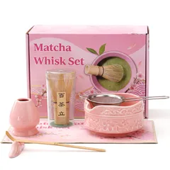 【新品】茶道具 抹茶セット 7点 片口抹茶碗 350ml 百本立茶筅 茶筅立て 茶杓 茶こし 茶巾 スプーン 竹製 天然素材 初心者向け 茶道 道具 抹茶ラテ まっちゃいろ ギフトボックス入り 母の日 敬老の日 誕生日 贈り物 (桜色) 5103df20