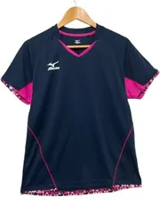 【美品】ミズノ MIZUNO 卓球 ユニフォーム ゲームシャツ 半袖トレーニングTシャツ  ネイビー×ピンク レディース LサイズJTTA公認■管理番号L29992SSA26-260524-50（198）