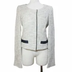 ヒューゴボス HUGO BOSS ノーカラージャケット ツイード 背抜き 日本サイズS相当 DE34 FR36 UK6 IT38 US2 白 紺 IBO88 /Xのサムネイル