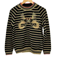 ERMANNO SCERVINO(エルマノシェルビーノ) 長袖セーター サイズ38 M レディース - 黒×ゴールド×マルチ クルーネック/ボーダー/刺繍/ラメのサムネイル