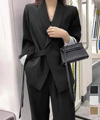 テーラードジャケット パンツスーツセット　ベルト付きウエストマーク ロングジャケット
