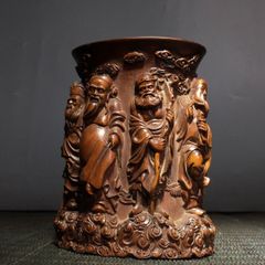 Wooden Carved Brush Tube Relief Eight Immortals Bunbo Four Treasures Storage Calligraphy Stationery Crafts Fine Arts Ornaments