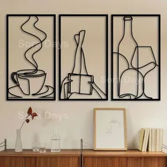 ウォールアート ミニマルアート 線画 抽象画 モダンインテリア コーヒーカップ ワインボトル ワイングラス カフェ風 かわいい ナチュラル シンプル 高級感 北欧 メタルアート 22.61cm×39.88cm 3点セット メタルアート