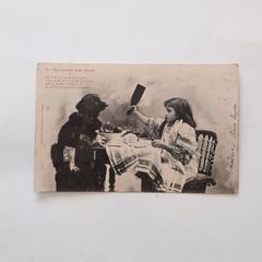 フランスアンティークポストカード 白い毛皮の金髪少女 冬の美少女