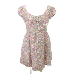 ジルスチュアート JILL STUART 美品 ワンピース ひざ丈 フレア フレンチスリーブ リボン フラワー 花柄 薄手 0 約XSサイズ マルチカラー ■YHS7