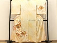 く695 正絹 訪問着 扇面草花文様 淡黄色 袷 着物 - メルカリ