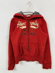 Abercrombie パーカー MEDIUM レッド コットン 裏起毛 前面プリント ブランドロゴ 刺繍 ジップアップ 長袖 レディース