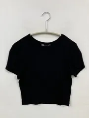 ZARA ザラ Tシャツ/カットソー S ブラック 無地 ショート丈 半袖 クルーネック(丸首) レディース