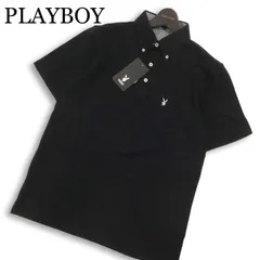 【新品 未使用】 PLAYBOY プレイボーイ 春夏★ 半袖 鹿の子 ロゴ刺繍 ボタンダウン ポロシャツ Sz.L メンズ 黒のサムネイル