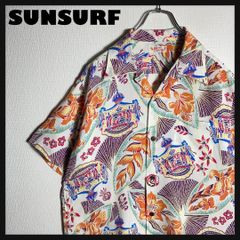 SUNSURF アロハシャツ 開襟 半袖 ボタニカル トロピカル 縞状 緑 L