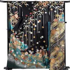 振袖 身丈158cm 裄丈65cm M 袷 袋帯フルセット 桜 笹 金糸 金彩 黒 正絹 秀品 【中古】のサムネイル
