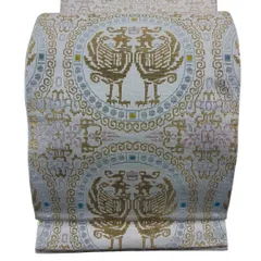 袋帯 逸品 龍村平蔵 落款 関西仕立て 正倉吉鳳文 金糸 箔 ベージュ 六通 正絹 【中古】のサムネイル