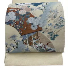 袋帯 名品 扇面 花鳥 金糸 ベージュ お太鼓柄 正絹 【中古】