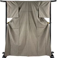 【美品】 紬 身丈169.5cm 裄丈66cm M 袷 格子 灰茶 正絹 秀品 【中古】のサムネイル