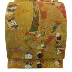 【美品】 袋帯 秀品 振袖向き 束ね熨斗 花鳥 唐織 金糸 山吹茶色 六通 正絹 【中古】