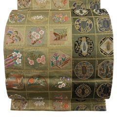美品】 袋帯 秀品 川島織物 落款 華文 花喰い鳥 金糸 箔 ベージュ 六通