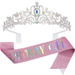[DFsucces] 왕관과 벨트 세트 [BIRTHDAY GIRL] 소녀용 생일 파티 액세서리 세련된 카츄샤 무대 의상 결혼식 이벤트 (핑크) 1