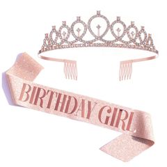 [DFsucces] 왕관과 벨트 세트 [BIRTHDAY GIRL] 소녀용 생일 파티 액세서리 세련된 카츄샤 무대 의상 결혼식 이벤트 (로즈 골드) 1