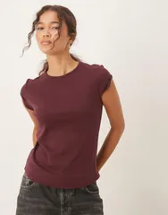 マンゴ レディース トップス Tシャツ コットン キャップ Mango cotton cap sleeve tshirt Burgundy バーガンディのサムネイル