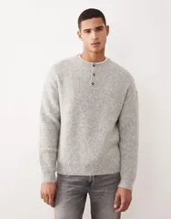 エイソス メンズ アウター ニット・セーター ウール ASOS DESIGN relaxed knit wool mix henley sweater Gray グレーのサムネイル