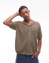 トップマン メンズ トップス ポロシャツ ジャージー Topman relaxed camp collar button up shirt with jersey stitch Khaki カーキのサムネイル