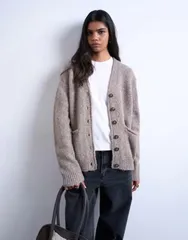 トップショップ レディース アウター カーディガン ウール ニット Topshop knit longline pocketed chunky wool mix cardigan Oatのサムネイル