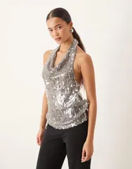 マンゴ レディース トップス タンクトップ スパンコール ホルター Mango sequin halterneck top SILVER シルバーのサムネイル